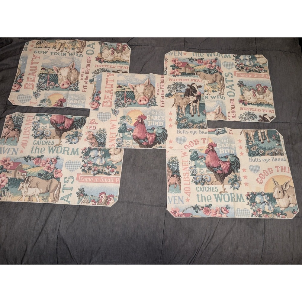 Country Farmhouse Placemats Cotton Depicting Animals w/Checkered Back Reversible